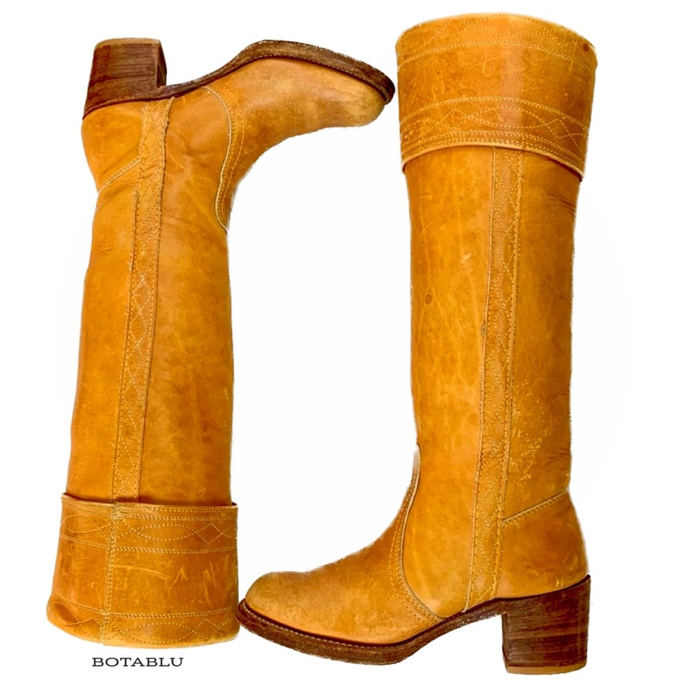 SOLD FRYE Vintage Banana Black Label Tall Knee High Stitching Western Boots - Picture 1 of 12